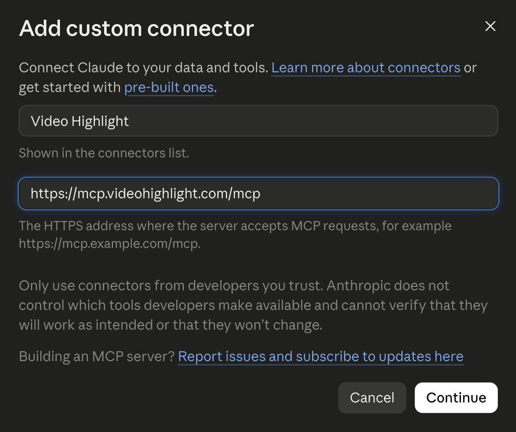 Custom connector configuration named Video Highlight with the endpoint URL