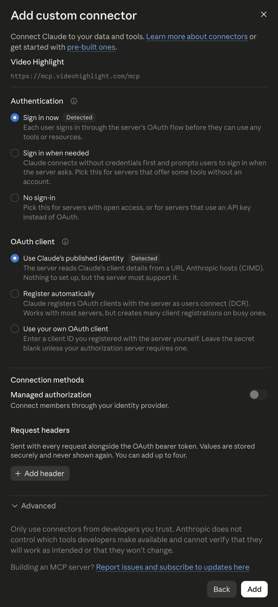 Custom connector authentication and advanced settings left at their defaults