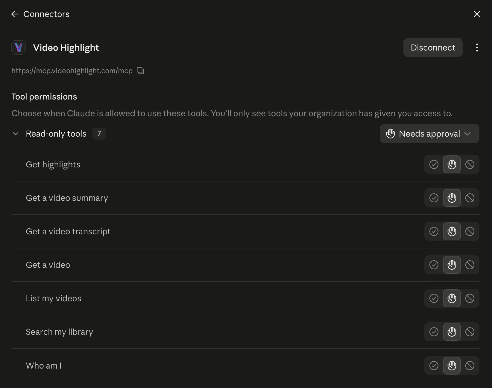 The seven read-only Video Highlight tools listed under the connector