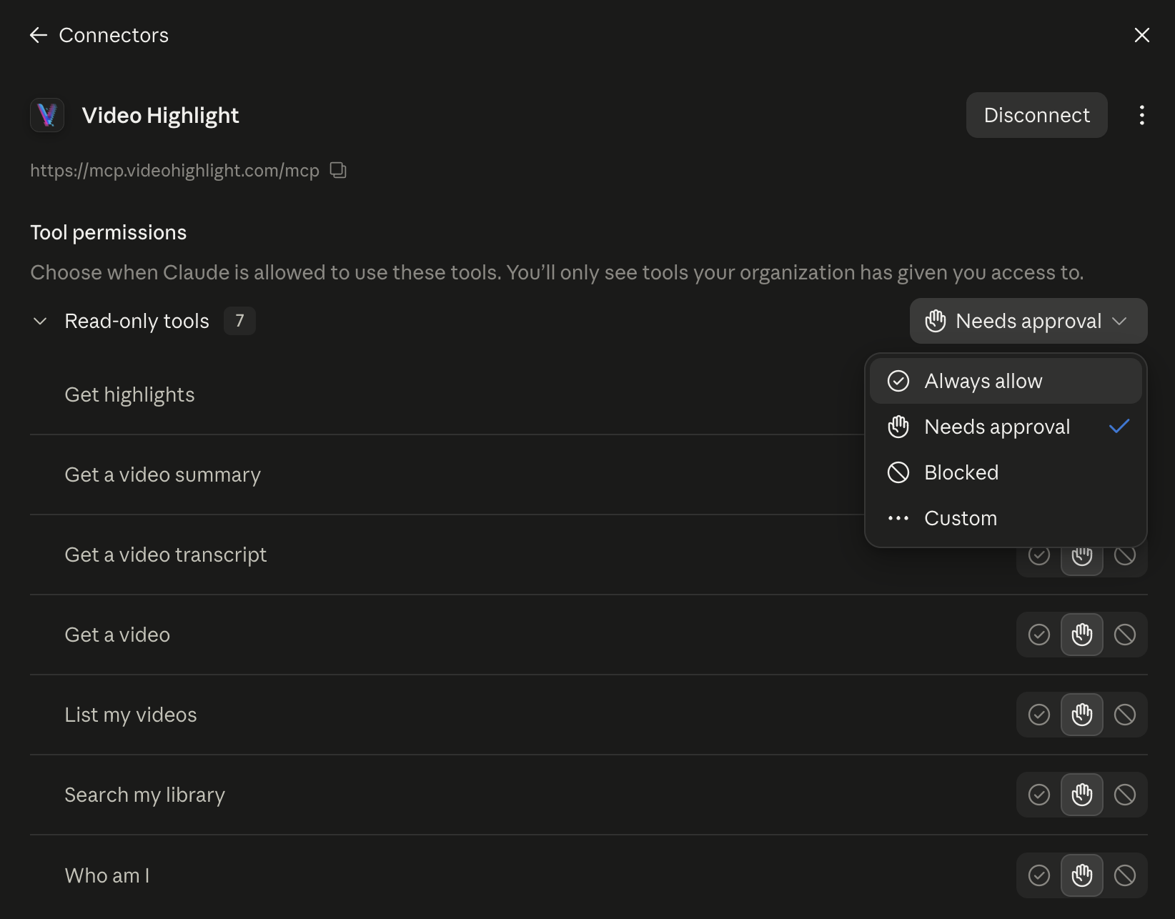 Setting the connector tools to Always allow